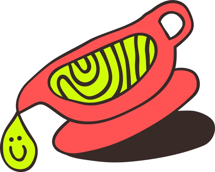 Red gravy boat character with a smiling drip