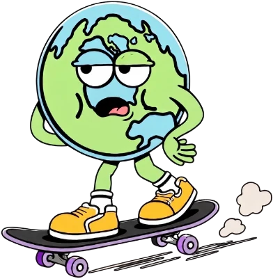 Earth character riding a skateboard